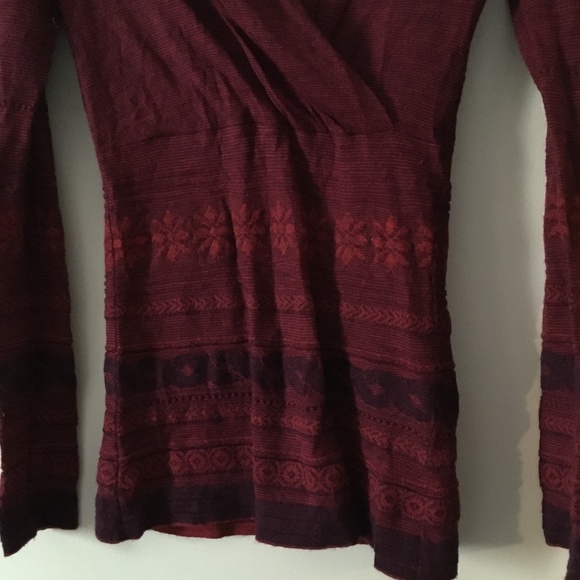 CATHERINE ANDRE Intarsia Burgundy Red Faux Wrap Sweater S/M - Picture 3 of 7